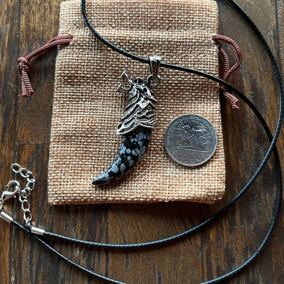 Wolf Tooth Pendant Mens Crystal Necklace Obsidian Necklace Gift for Boyfriend - Picture 2 of 3